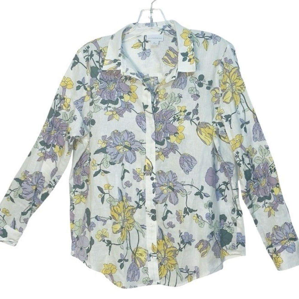 Liz Claiborne Blouse Floral Linen Button Down Purple Yellow Chic Cottagecore PL